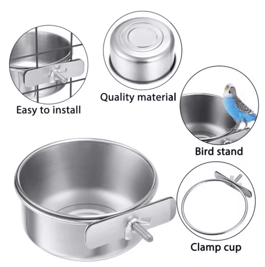 Stainless Steel Pet Food Dish with Clamp Hanging Feeding Bowl for Birds and Small Animals 10 to 14 cm