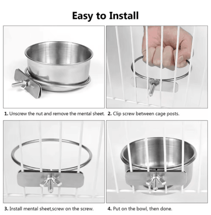 Stainless Steel Pet Food Dish with Clamp Hanging Feeding Bowl for Birds and Small Animals 10 to 14 cm