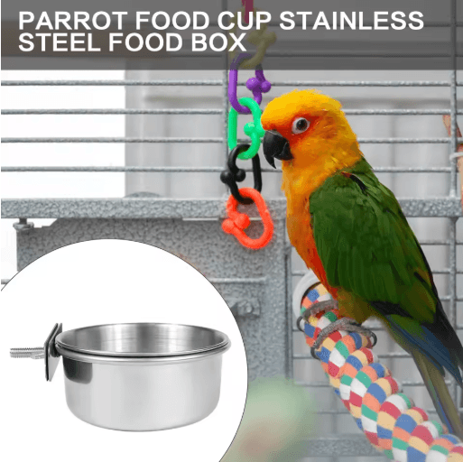 Stainless Steel Pet Food Dish with Clamp Hanging Feeding Bowl for Birds and Small Animals 10 to 14 cm