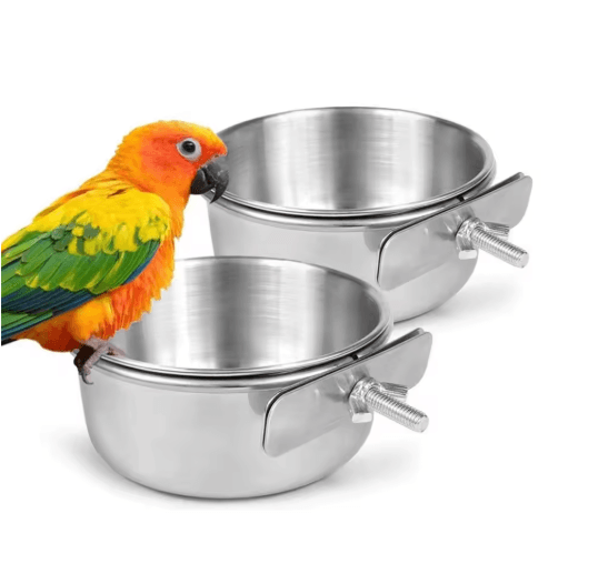 Stainless Steel Pet Food Dish with Clamp Hanging Feeding Bowl for Birds and Small Animals 10 to 14 cm
