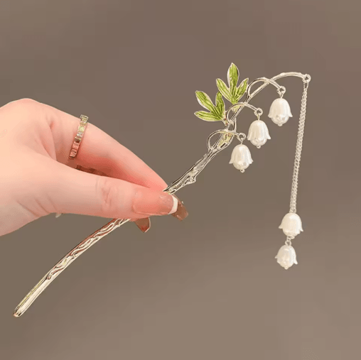 Simple Flower Hair Pin Pearl Chain Tassel Hair Stick Fork in New Chinese Style