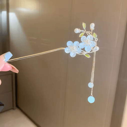 Simple Flower Hair Pin Pearl Chain Tassel Hair Stick Fork in New Chinese Style