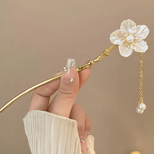 Simple Flower Hair Pin Pearl Chain Tassel Hair Stick Fork in New Chinese Style