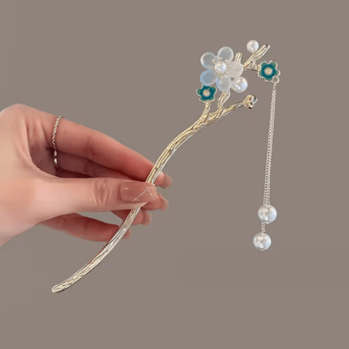 Simple Flower Hair Pin Pearl Chain Tassel Hair Stick Fork in New Chinese Style