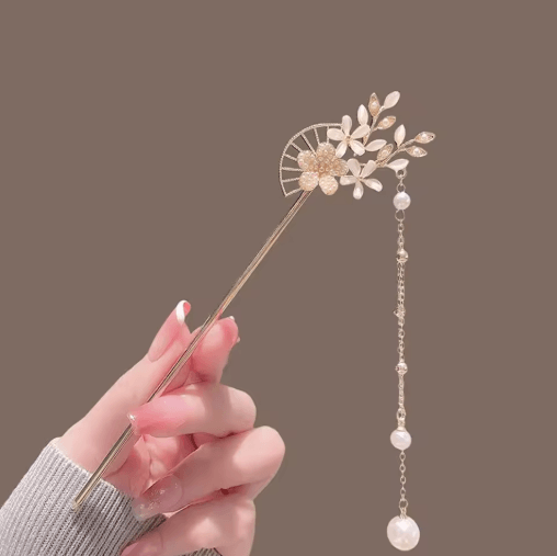 Simple Flower Hair Pin Pearl Chain Tassel Hair Stick Fork in New Chinese Style