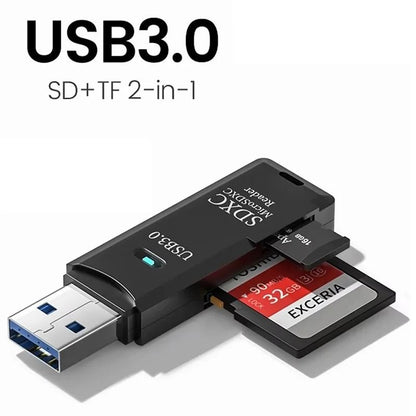 Professional High Speed USB 3.0 2-In-1 Memory Card Reader and Dual Slot Flash Drive Adapter