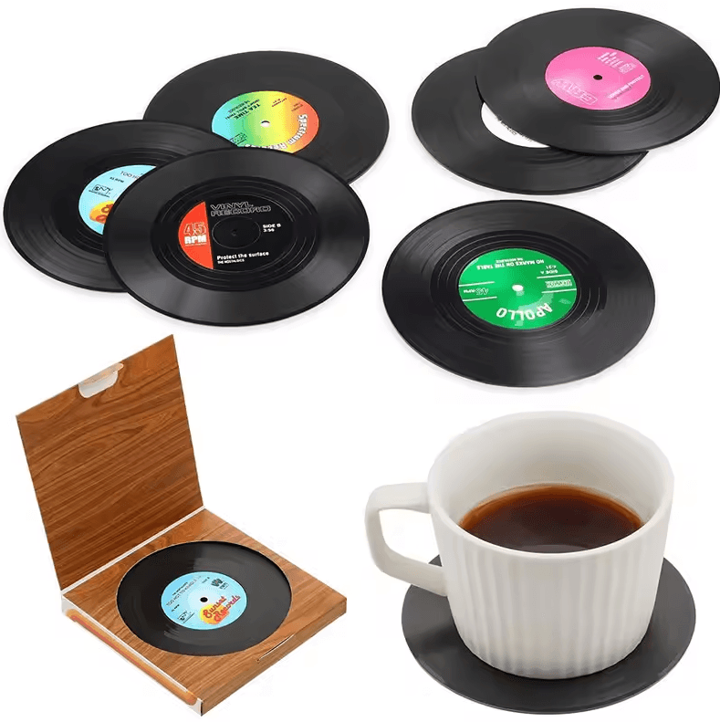 Retro Vinyl Record Drink Coasters – 6 Pc Non-Slip Set for Music Lovers