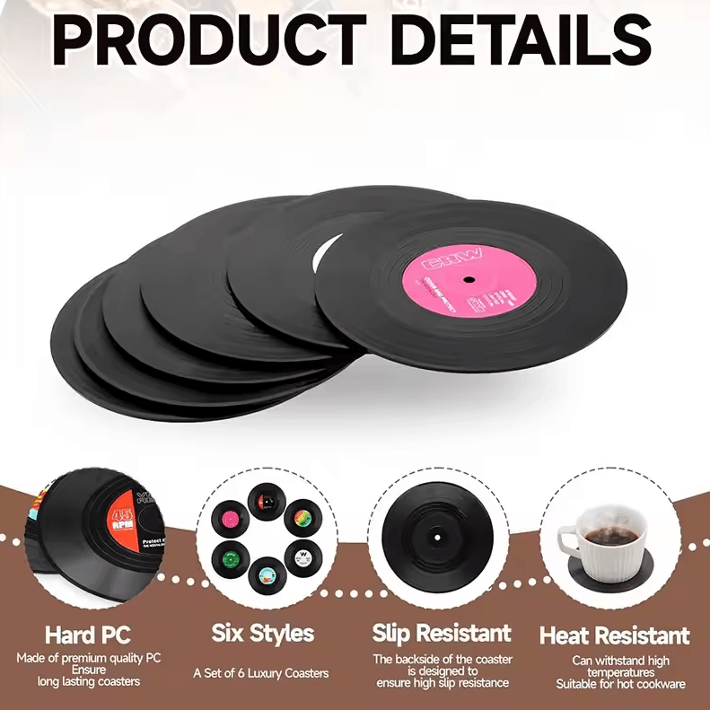Retro Vinyl Record Drink Coasters – 6 Pc Non-Slip Set for Music Lovers