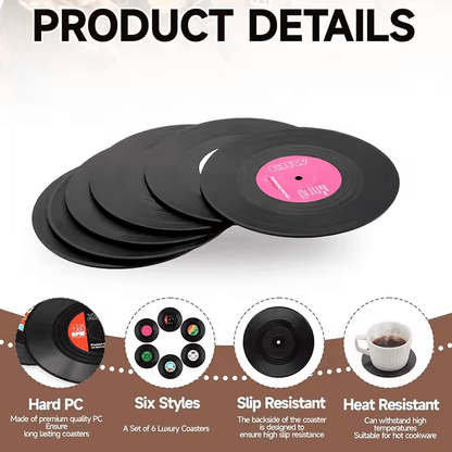 Retro Vinyl Record Drink Coasters – 6 Pc Non-Slip Set for Music Lovers