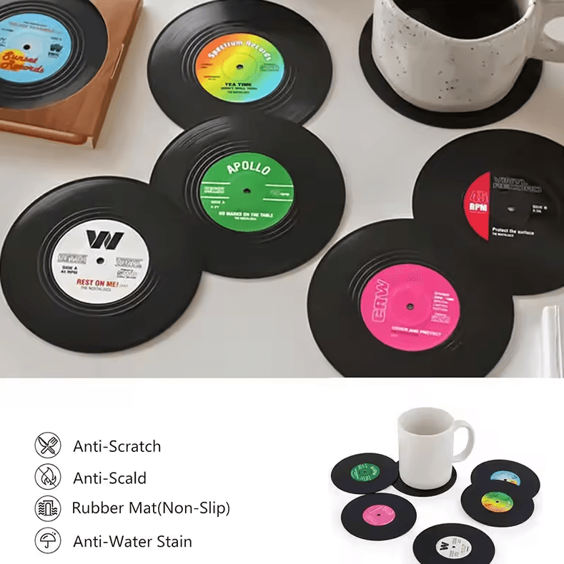 Retro Vinyl Record Drink Coasters – 6 Pc Non-Slip Set for Music Lovers