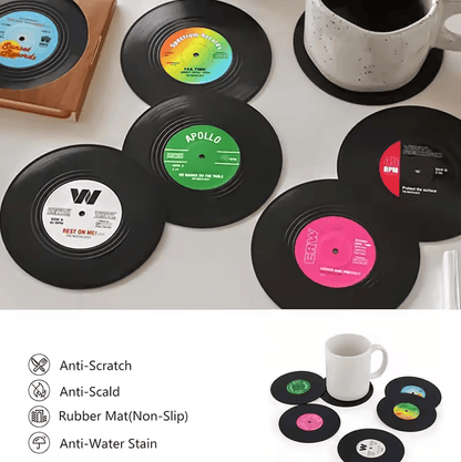 Retro Vinyl Record Drink Coasters – 6 Pc Non-Slip Set for Music Lovers