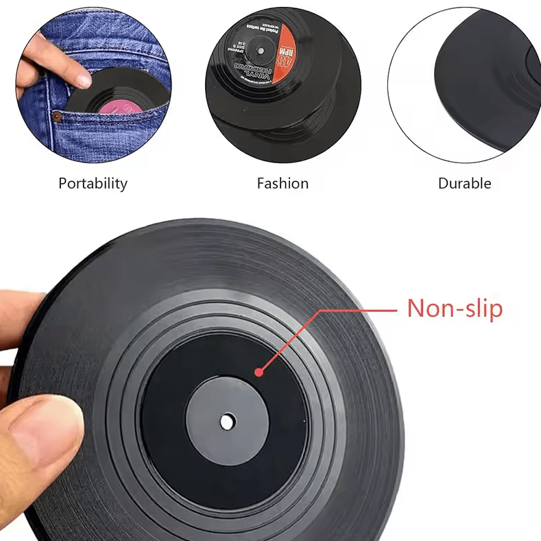 Retro Vinyl Record Drink Coasters – 6 Pc Non-Slip Set for Music Lovers