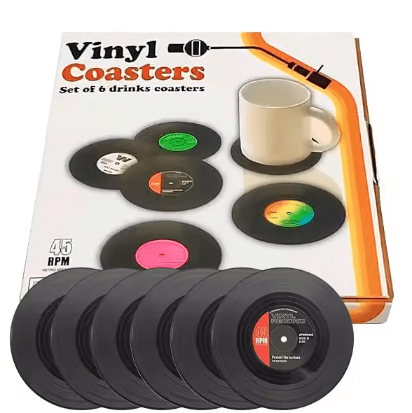 Retro Vinyl Record Drink Coasters – 6 Pc Non-Slip Set for Music Lovers