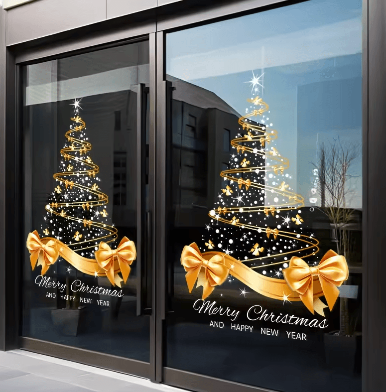 Golden Christmas Tree Window Stickers – DIY Merry Christmas Electrostatic Decals