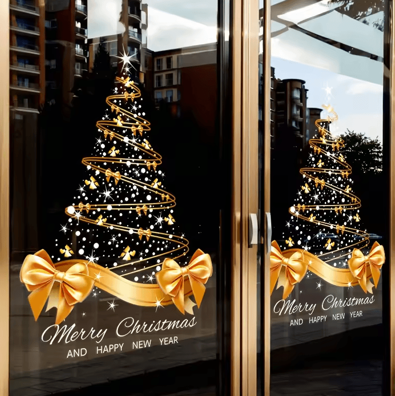 Golden Christmas Tree Window Stickers – DIY Merry Christmas Electrostatic Decals