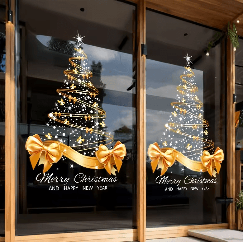 Golden Christmas Tree Window Stickers – DIY Merry Christmas Electrostatic Decals