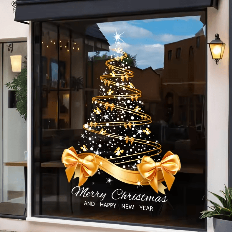 Golden Christmas Tree Window Stickers – DIY Merry Christmas Electrostatic Decals