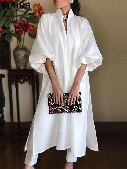 Elegant Long Maxi Sundress Casual A-line Dress Loose Elastic Solid Color