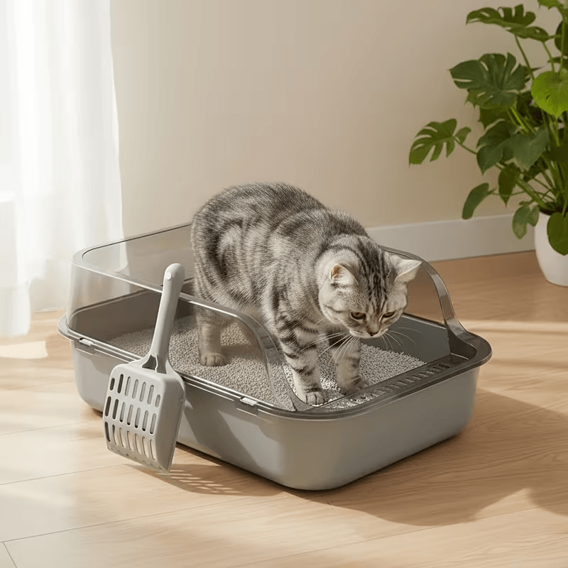 Semi Enclosed Cat Litter Box Splashproof Kitty Toilet with Cleaning Basin
