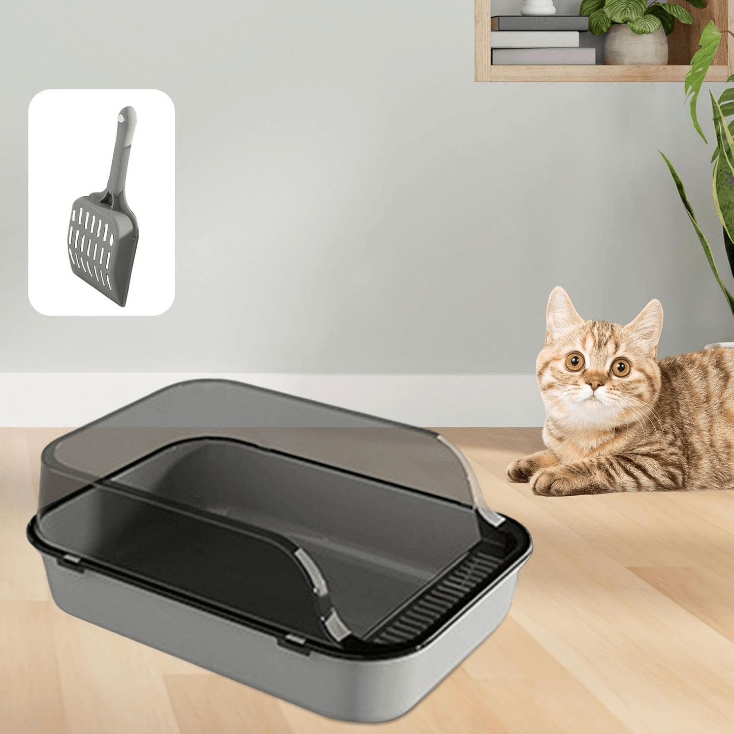 Semi Enclosed Cat Litter Box Splashproof Kitty Toilet with Cleaning Basin