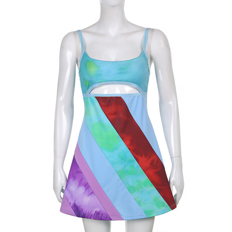 Womens Contrast Color Cutout Bodycon Mini Dress Y2K E-Girl Sling Summer Streetwear
