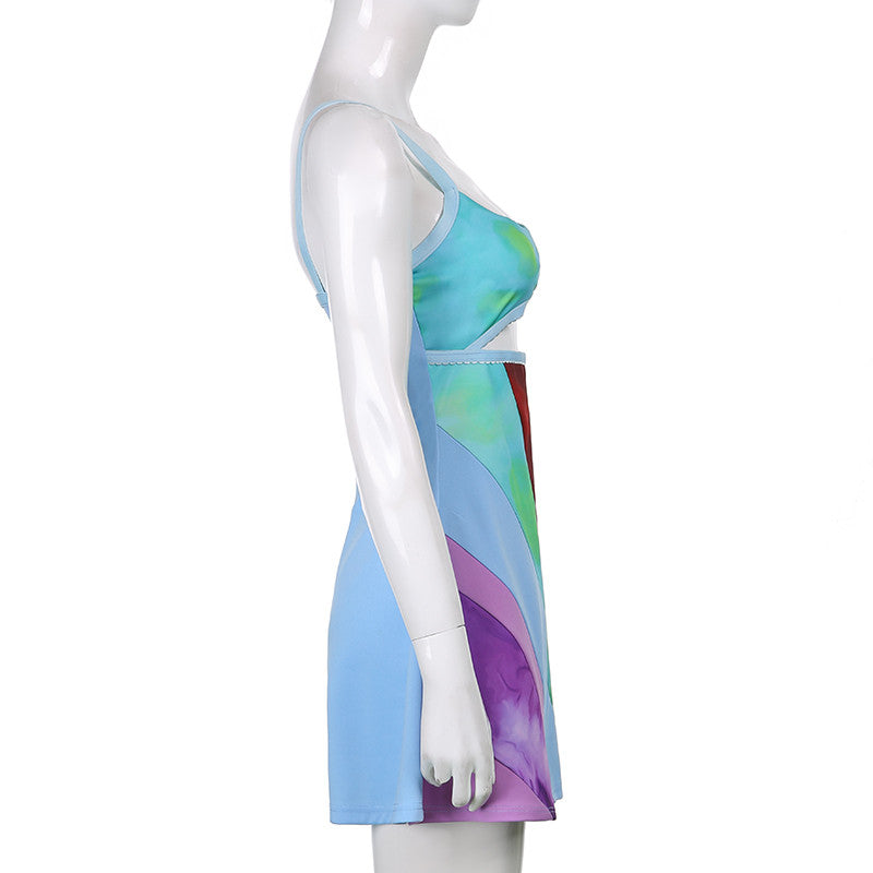 Womens Contrast Color Cutout Bodycon Mini Dress Y2K E-Girl Sling Summer Streetwear