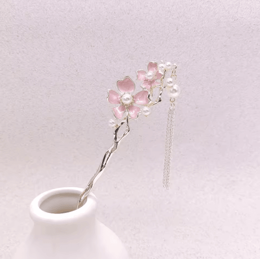 Retro Chinese Style Hair Sticks Forks Pink Flower Alloy Hairpins with Pearl Chain Tassel
