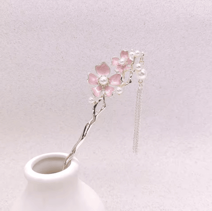 Retro Chinese Style Hair Sticks Forks Pink Flower Alloy Hairpins with Pearl Chain Tassel