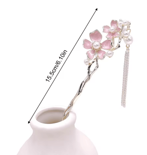 Retro Chinese Style Hair Sticks Forks Pink Flower Alloy Hairpins with Pearl Chain Tassel