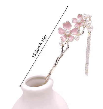 Retro Chinese Style Hair Sticks Forks Pink Flower Alloy Hairpins with Pearl Chain Tassel