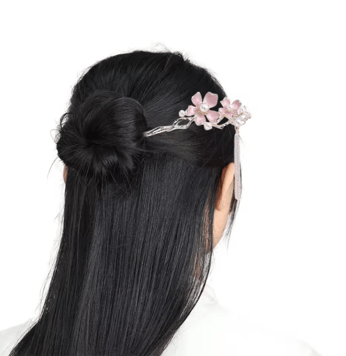 Retro Chinese Style Hair Sticks Forks Pink Flower Alloy Hairpins with Pearl Chain Tassel