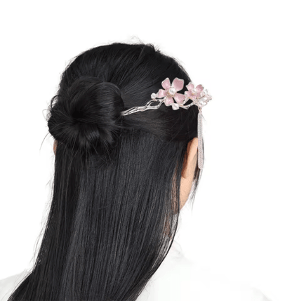 Retro Chinese Style Hair Sticks Forks Pink Flower Alloy Hairpins with Pearl Chain Tassel