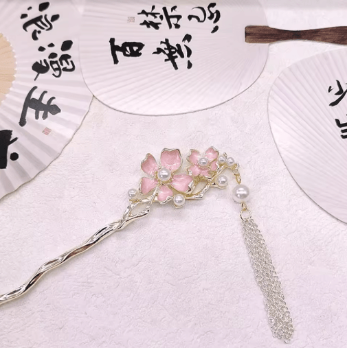 Retro Chinese Style Hair Sticks Forks Pink Flower Alloy Hairpins with Pearl Chain Tassel