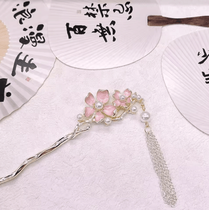 Retro Chinese Style Hair Sticks Forks Pink Flower Alloy Hairpins with Pearl Chain Tassel