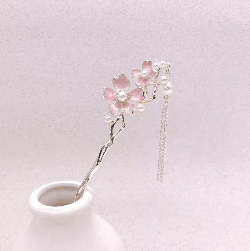 Retro Chinese Style Hair Sticks Forks Pink Flower Alloy Hairpins with Pearl Chain Tassel