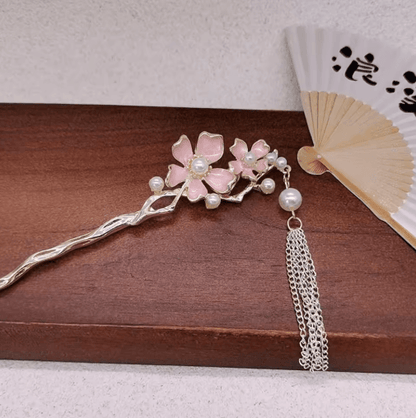 Retro Chinese Style Hair Sticks Forks Pink Flower Alloy Hairpins with Pearl Chain Tassel