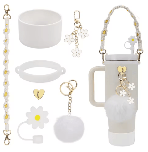 7PCS Stanley Cup Accessory Set Pink Flower Handle Strap Straw Cover and Decorative Charms