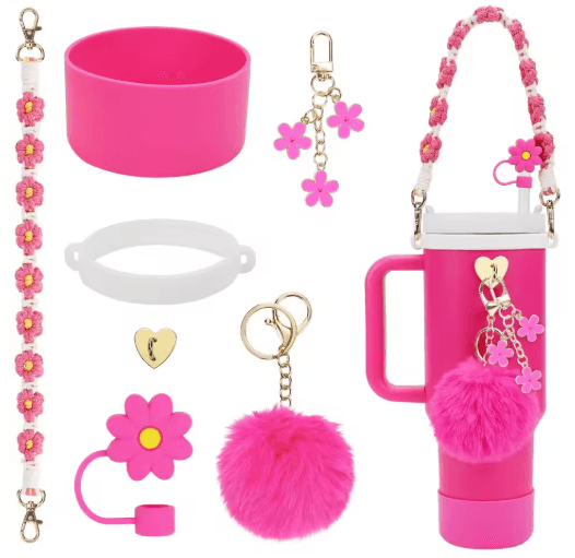 7PCS Stanley Cup Accessory Set Pink Flower Handle Strap Straw Cover and Decorative Charms