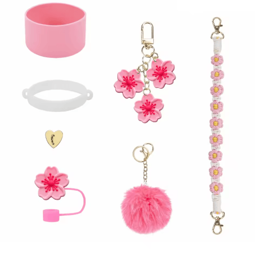 7PCS Stanley Cup Accessory Set Pink Flower Handle Strap Straw Cover and Decorative Charms