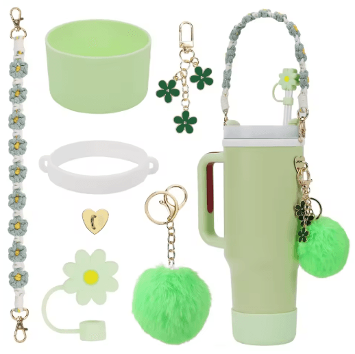 7PCS Stanley Cup Accessory Set Pink Flower Handle Strap Straw Cover and Decorative Charms
