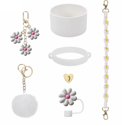 7PCS Stanley Cup Accessory Set Pink Flower Handle Strap Straw Cover and Decorative Charms