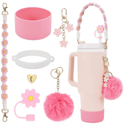 7PCS Stanley Cup Accessory Set Pink Flower Handle Strap Straw Cover and Decorative Charms