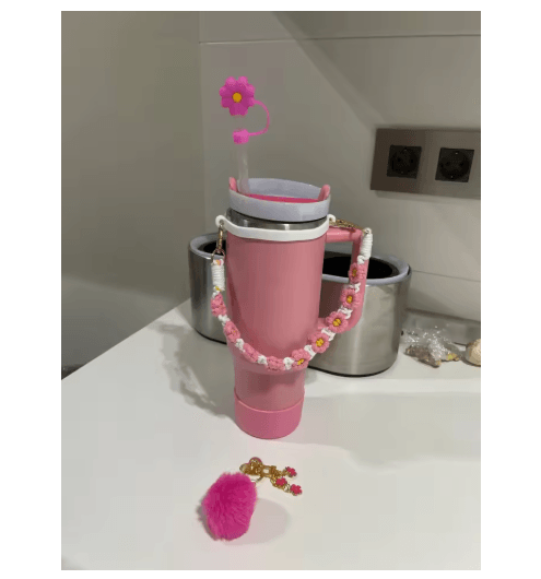 7PCS Stanley Cup Accessory Set Pink Flower Handle Strap Straw Cover and Decorative Charms