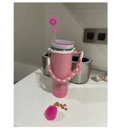 7PCS Stanley Cup Accessory Set Pink Flower Handle Strap Straw Cover and Decorative Charms