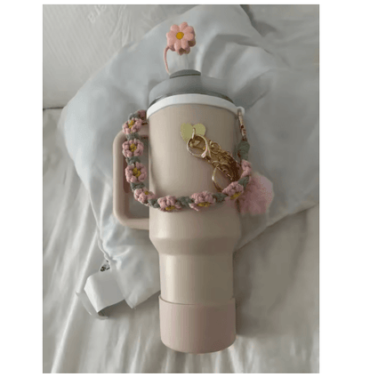 7PCS Stanley Cup Accessory Set Pink Flower Handle Strap Straw Cover and Decorative Charms