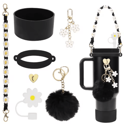 7PCS Stanley Cup Accessory Set Pink Flower Handle Strap Straw Cover and Decorative Charms