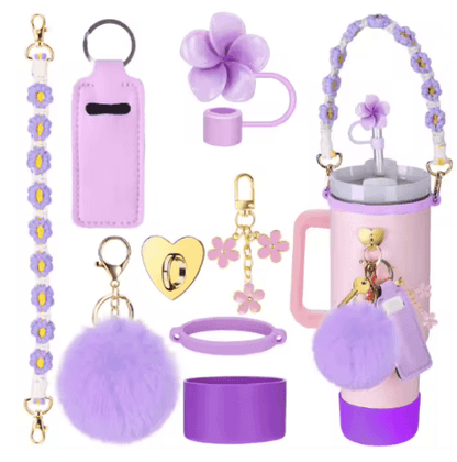 7PCS Stanley Cup Accessory Set Pink Flower Handle Strap Straw Cover and Decorative Charms
