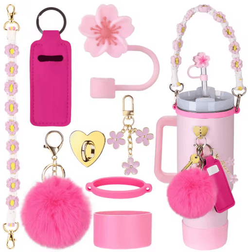 7PCS Stanley Cup Accessory Set Pink Flower Handle Strap Straw Cover and Decorative Charms