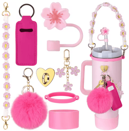 7PCS Stanley Cup Accessory Set Pink Flower Handle Strap Straw Cover and Decorative Charms
