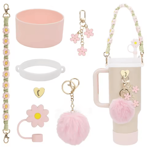7PCS Stanley Cup Accessory Set Pink Flower Handle Strap Straw Cover and Decorative Charms